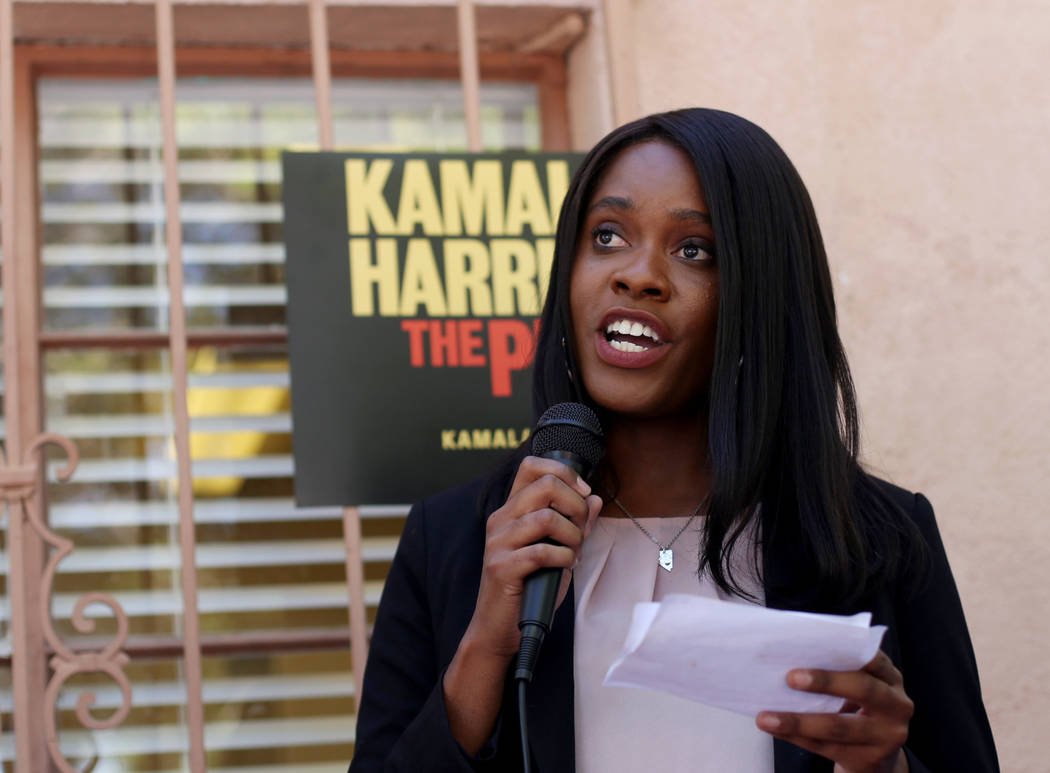 Arielle Edwards, a field organizer for North Las Vegas, addresses guests at a meet-n-greet with ...
