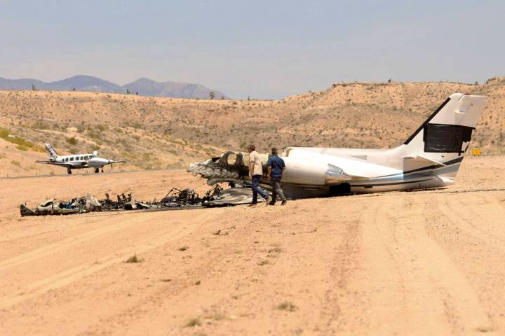 The aftermath of a plane crash at the Mesquite Municipal Airport on Thursday, July 18, 2019. Th ...