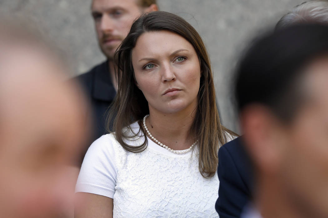Courtney Wild, one of Jeffrey Epstein's accusers who spoke at his bail hearing, attends a news ...