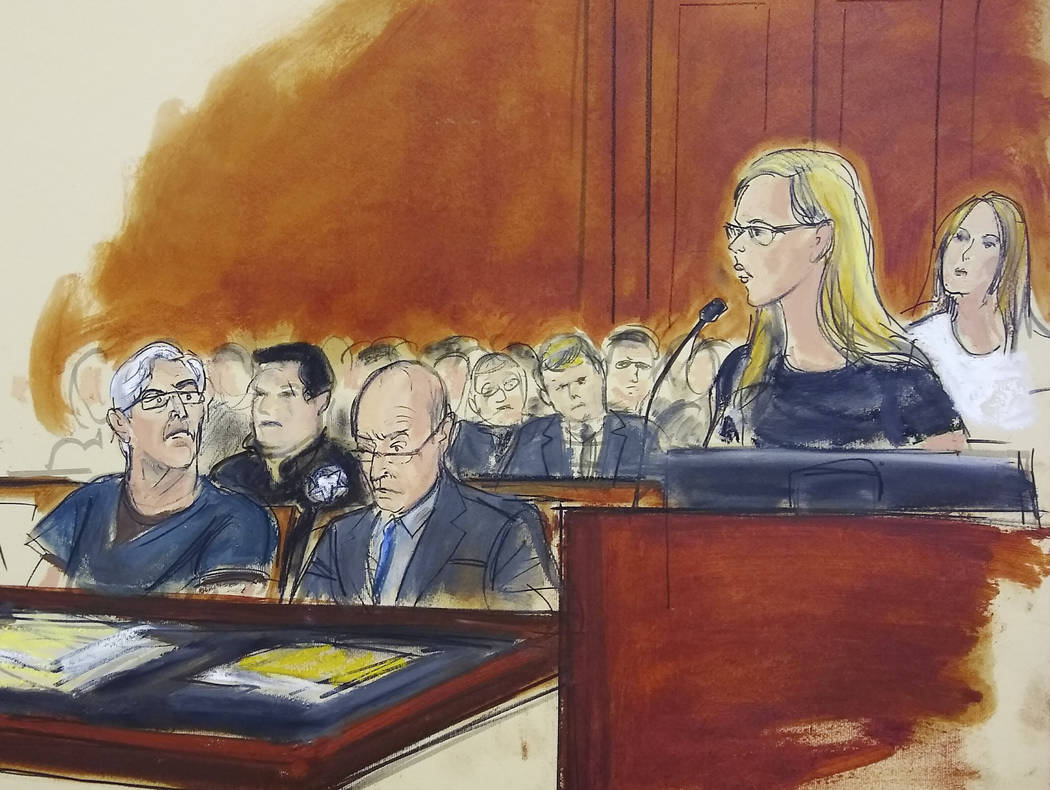 In this courtroom artist's sketch, defendant Jeffrey Epstein, left, listens as accuser Annie Fa ...