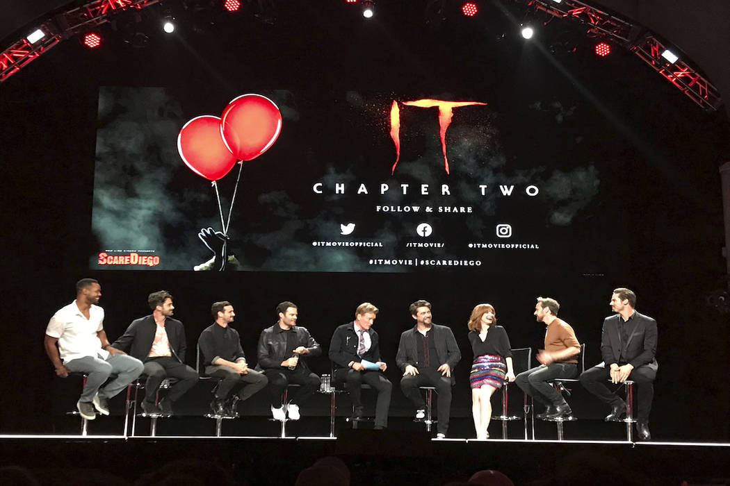 Casts of "It: Chapter Two" sit at a Comic-Con event Wednesday night, July 17, 2019 at the Sprec ...