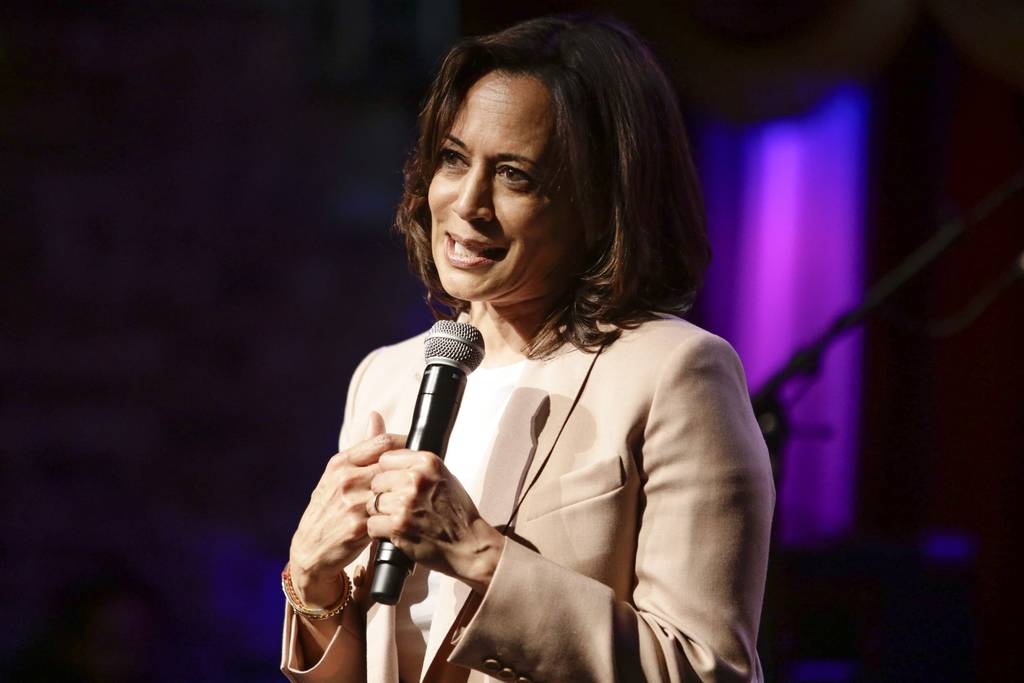 Democratic presidential candidate Sen. Kamala Harris, D-Calif., speaks to supporters Wednesday, ...