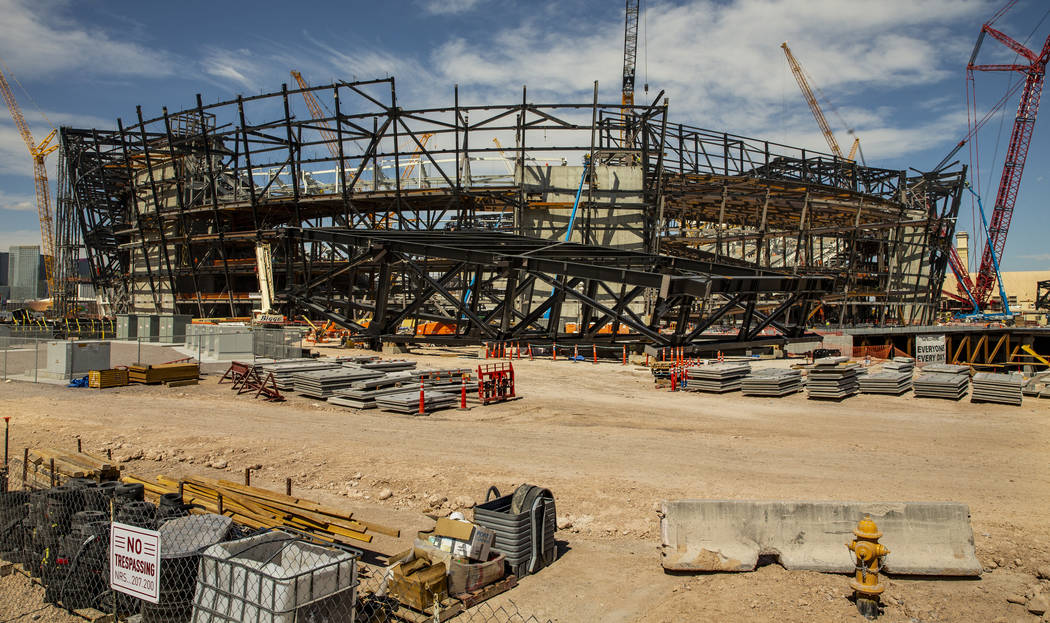 Several trusses are on the ground at the Raiders Stadium where at least one of the 65-ton steel ...