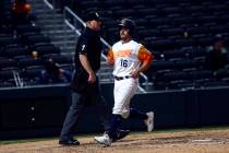 Las Vegas Aviators left fielder Mark Payton (16) scores a run against the Sacramento River Cats ...