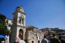 The bell tower of Pantanassa church at the Monastiraki square is damaged following an earthquak ...
