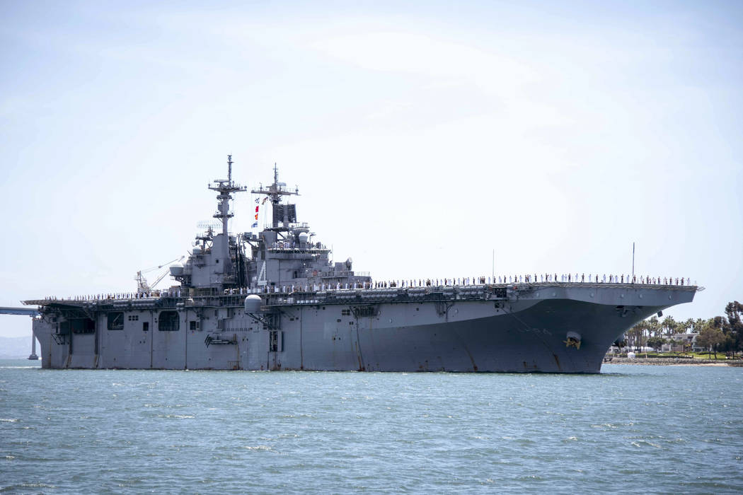 In this May 1, 2019, photo provided by the U.S. Navy, the amphibious assault ship USS Boxer (LH ...
