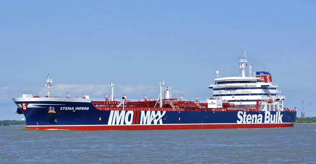 In this May 5, 2019 photo issued by Karatzas Images, showing the British oil tanker Stena Imper ...