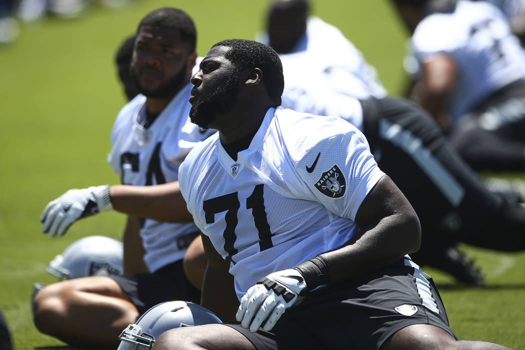 Oakland Raiders' David Sharpe (71) warms up during day two of a mini-camp at the Raiders headqu ...