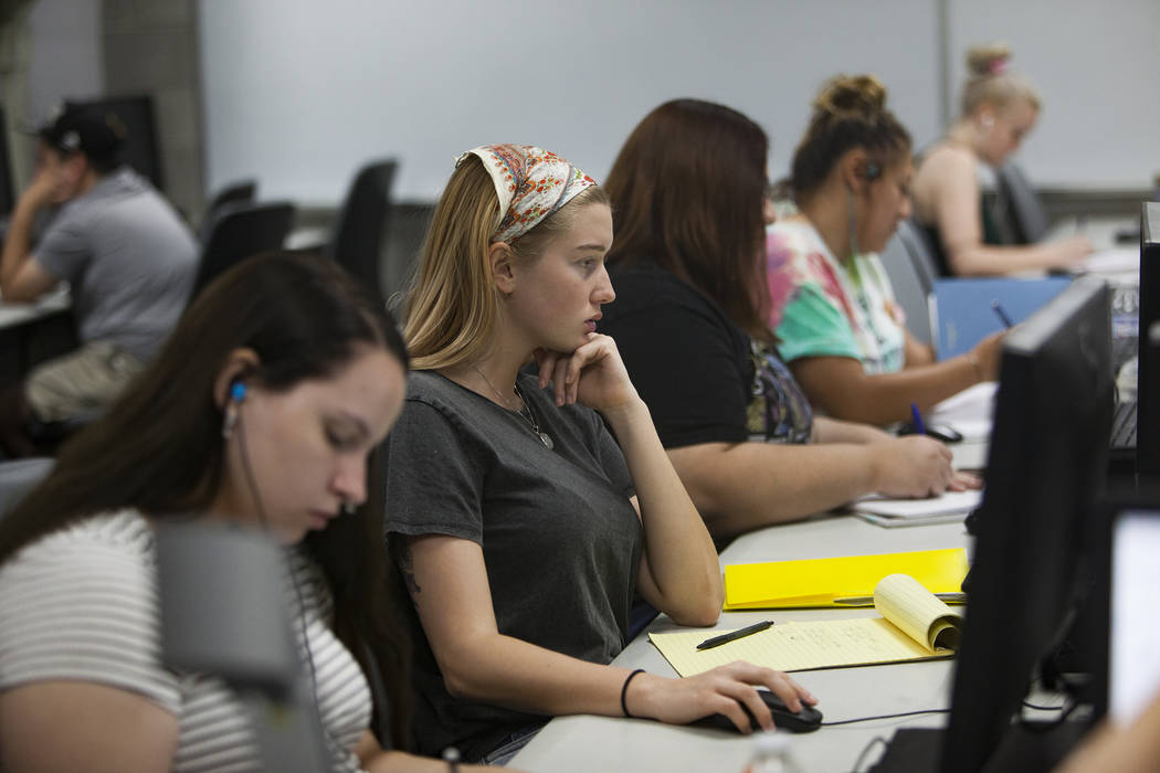 Gabby Benedict works on math in the Math Bridge class at UNLV in Las Vegas, Thursday, July 18, ...