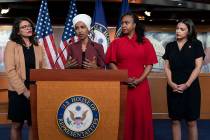 U.S. Rep. Ilhan Omar, D-Minn, second from left, speaks, as U.S. Reps., from left, Rashida Tlaib ...