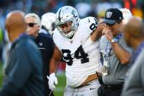 Oakland Raiders defensive tackle Eddie Vanderdoes (94) walks off the field after a torn ACL dur ...