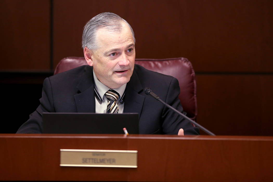 Senate Minority Leader James Settelmeyer, R-Minden, asks a question during a Finance Committee ...