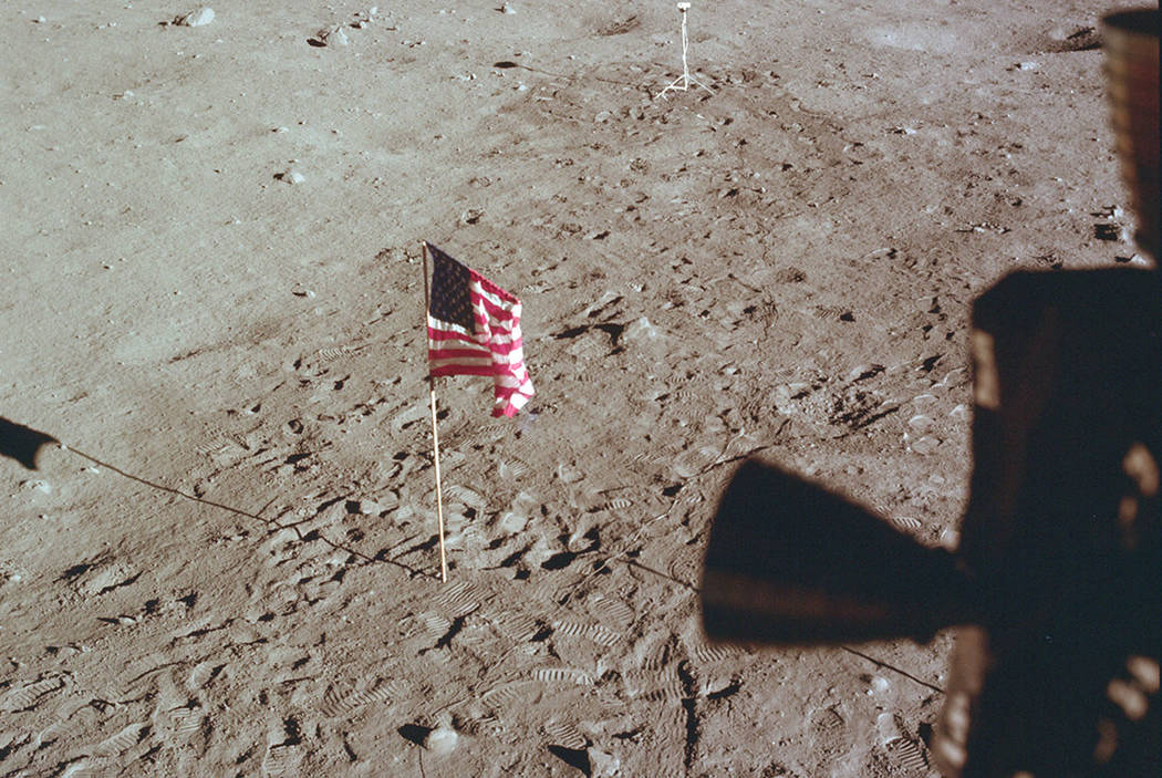 This July 21, 1969 photo made available by NASA shows Tranquility Base and the U.S. flag from a ...