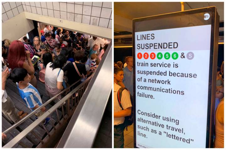 In this photo combo of images provided by Kenneth Ferrone, commuters fill the stairs and line t ...