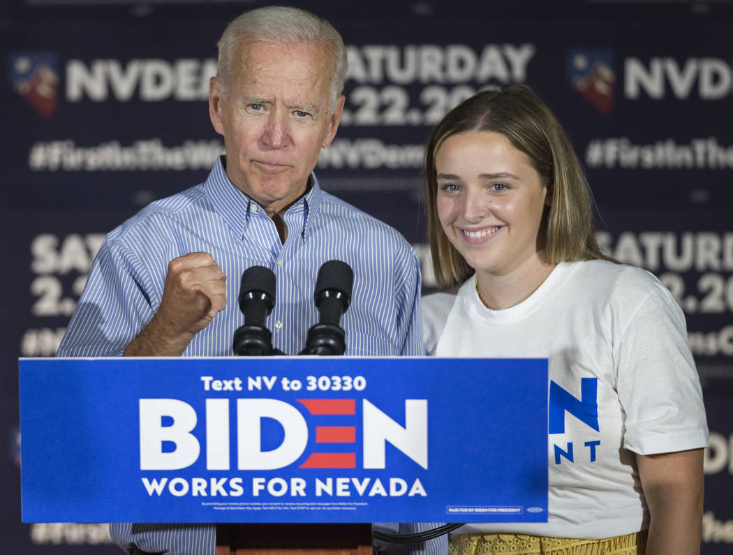 Democratic presidential candidate former Vice President Joe Biden, left, and granddaughter Finn ...