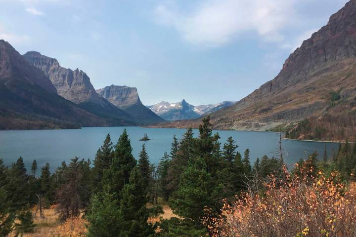 A 2017 view from the Going-to-the-Sun Road in Glacier National Park in Montana, with a lake rin ...