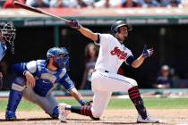 Cleveland Indians' Francisco Lindor watches his ball after hitting a two-run home run in the th ...