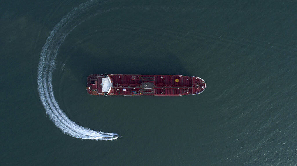 In this Sunday, July 21, 2019 photo, an aerial view shows a speedboat of Iran's Revolutionary G ...