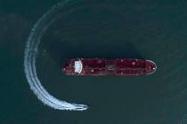 In this Sunday, July 21, 2019 photo, an aerial view shows a speedboat of Iran's Revolutionary G ...