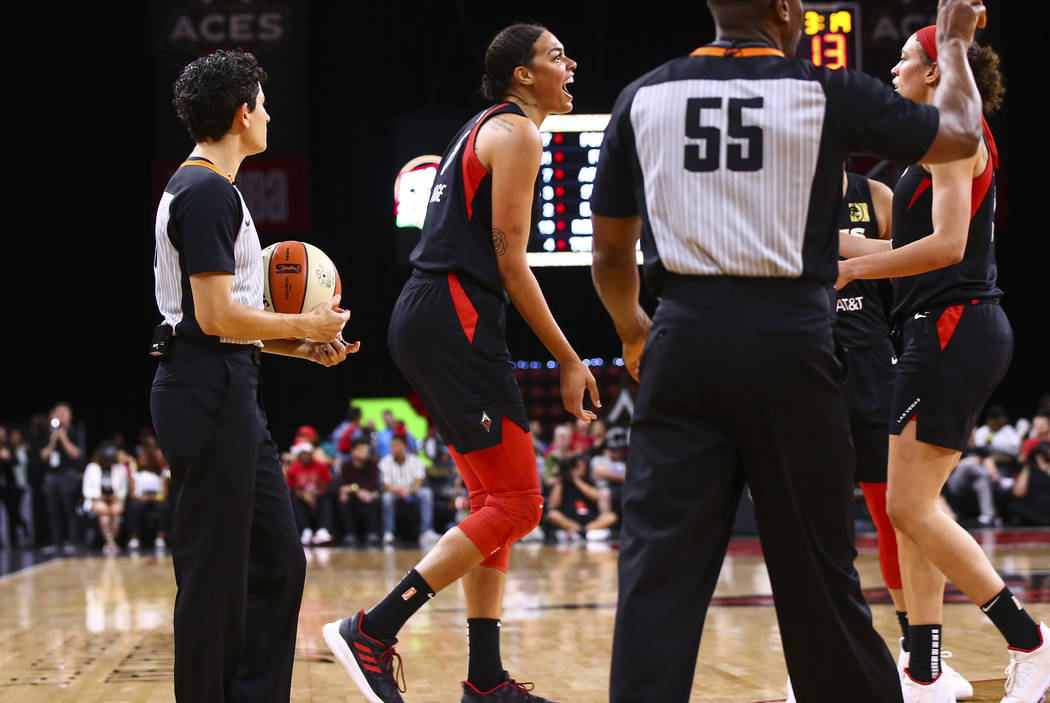 Las Vegas Aces' Liz Cambage reacts during the first half of a WNBA basketball game against the ...
