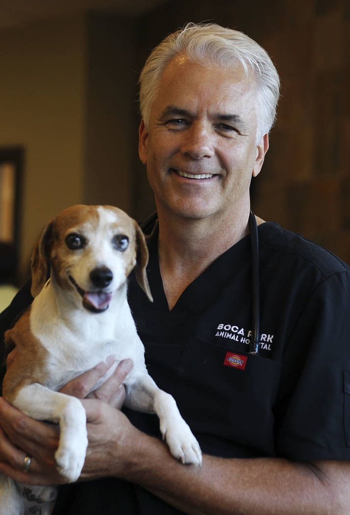 Dr. John Ensign poses for a portrait with his dog Jerome as he prepares to open his new Boca Pa ...