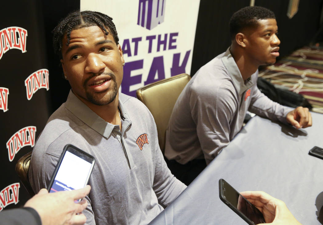 UNLV quarterback Armani Rogers, left, and linebacker Javin White talk to reporters during Mount ...