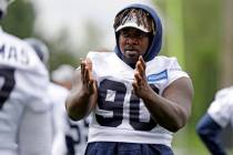 Seattle Seahawks' Jarran Reed motions during an NFL football practice Tuesday, May 21, 2019, in ...