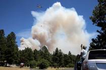 A helicopter carries a bucket of water to attack hot spots on the Museum Fire in Flagstaff, Ari ...