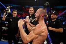 Maxim Dadashev celebrates after defeating Antonio DeMarco during a junior welterweight bout in ...