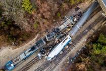 A Feb. 4, 2018, file photo shows an aerial view of the site of a fatal train crash between an A ...
