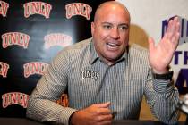 UNLV Rebels head coach Tony Sanchez talks to reporters during Mountain West football media days ...