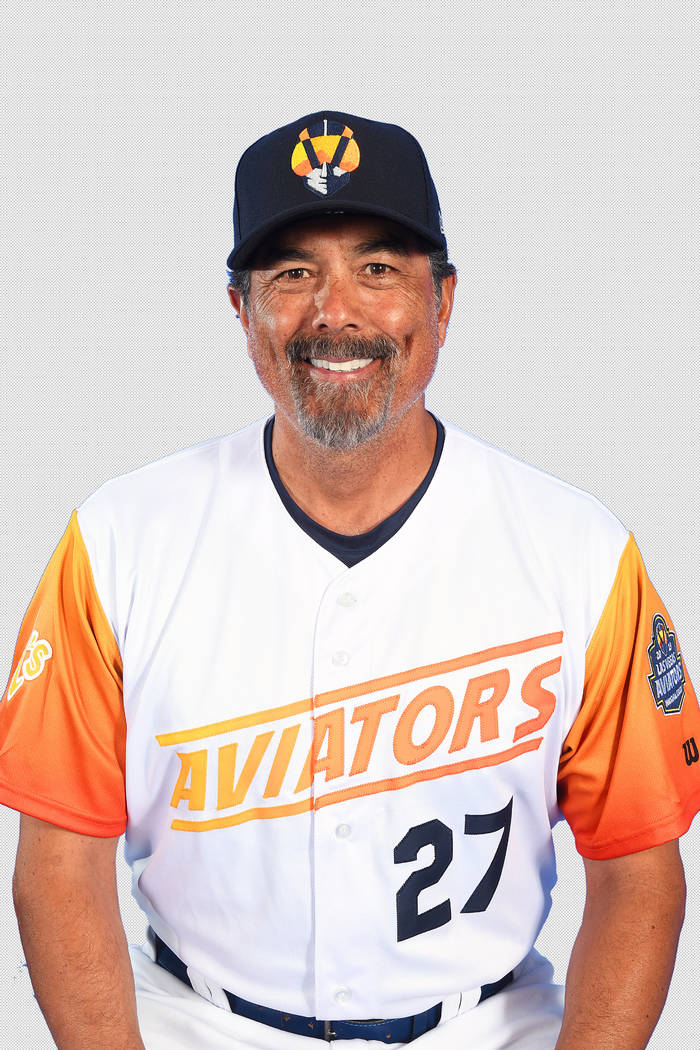 Las Vegas Aviators pitching coach Rick Rodriguez (27) pictured on media day at Las Vegas Ballpa ...