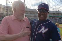 SCA Promotions founder Bob Hamman, left, meets Northwest Arkansas bench coach Nelson Liriano, w ...