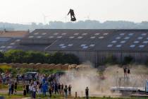 Franky Zapata, a 40-year-old inventor, takes to the air in Sangatte, Northern France, at the st ...
