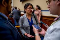 Rep. Rashida Tlaib, D-Mich., speaks to reporters during a break in testimony from Acting Secret ...