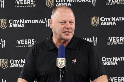 Golden Knights coach Gerard Gallant addresses the media at City National Arena on Thursday, Apr ...