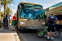 Passengers board an RTC Las Vegas 109 bus as it makes its way along South Maryland Parkway nort ...