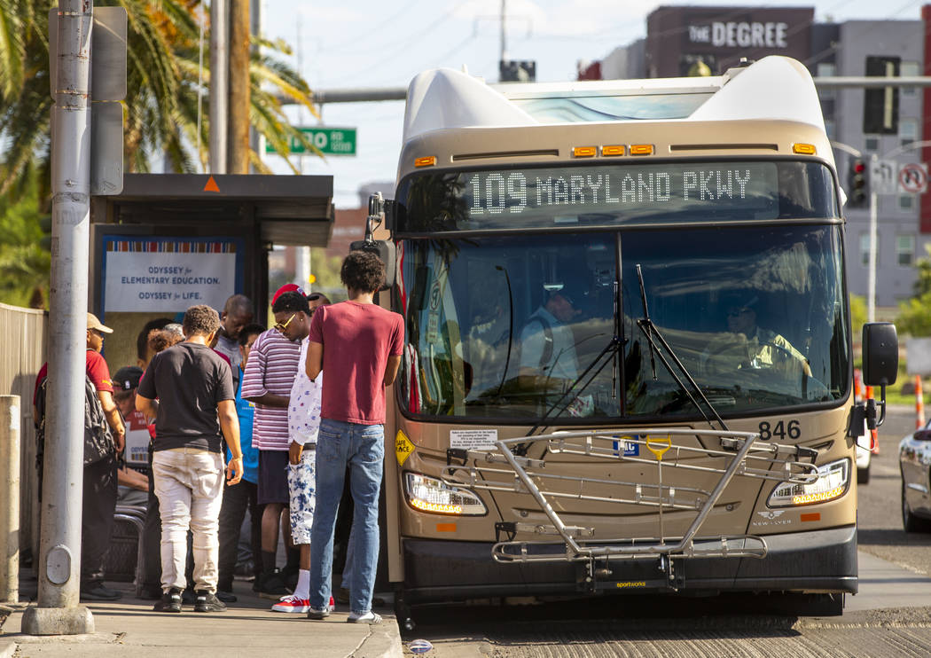 Passengers board an RTC Las Vegas 109 bus as it makes its way along South Maryland Parkway nort ...