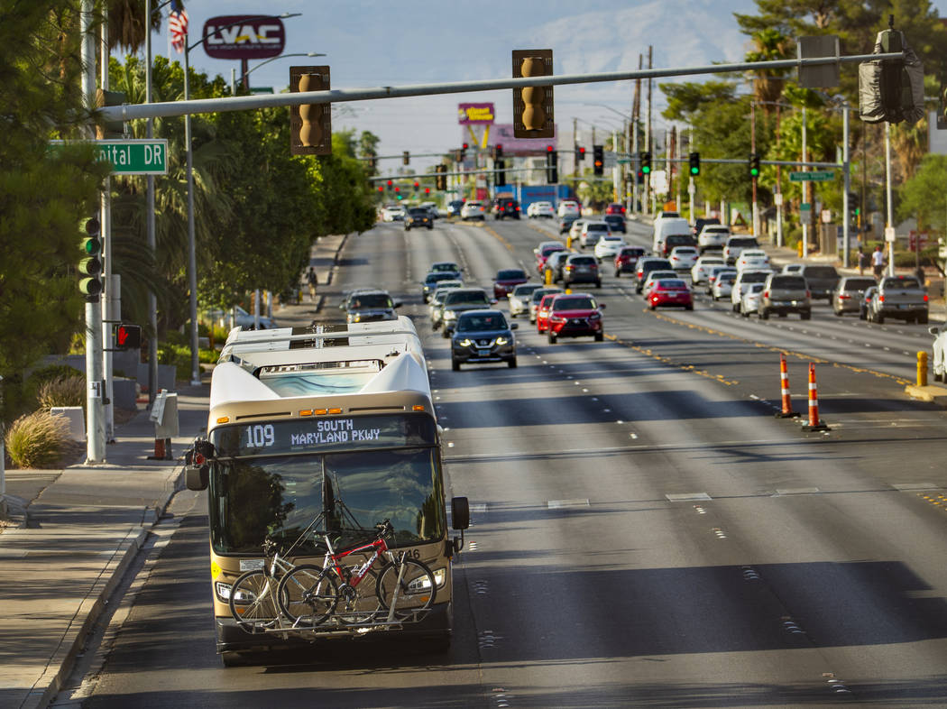An RTC Las Vegas 109 bus moves along South Maryland Parkway heading toward East Desert Inn Road ...