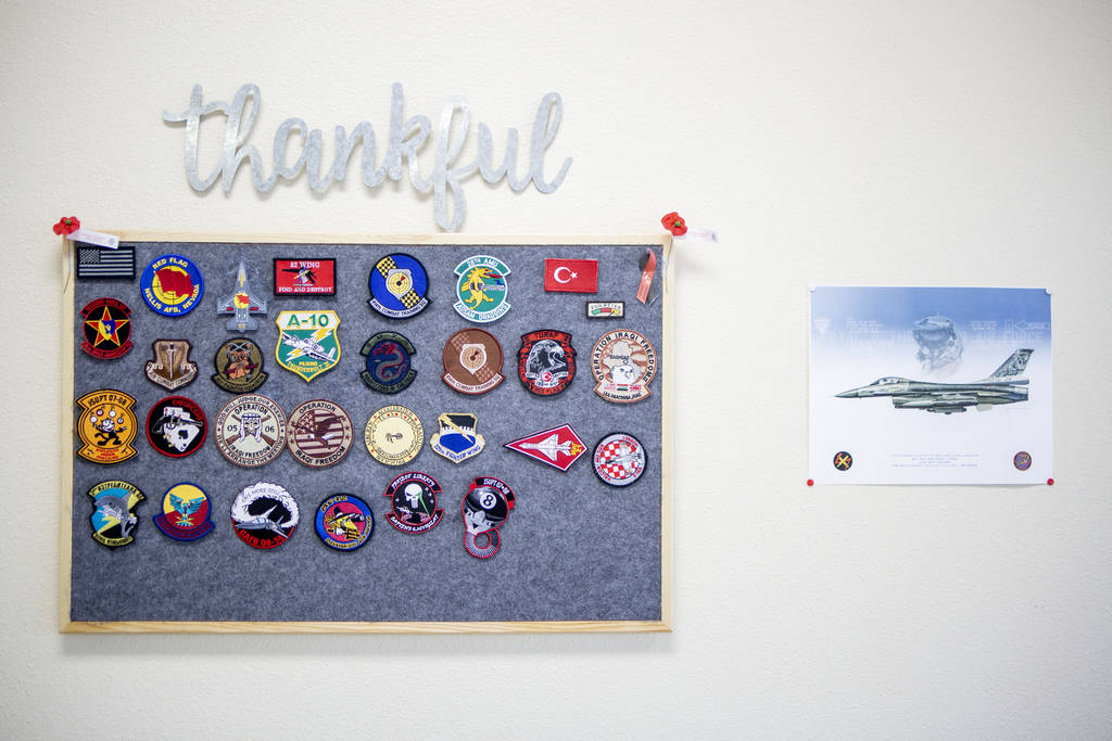 Airforce badges hang on the wall of Former Miss Nevada Lisa Song Sutton's company Ship Las Vega ...