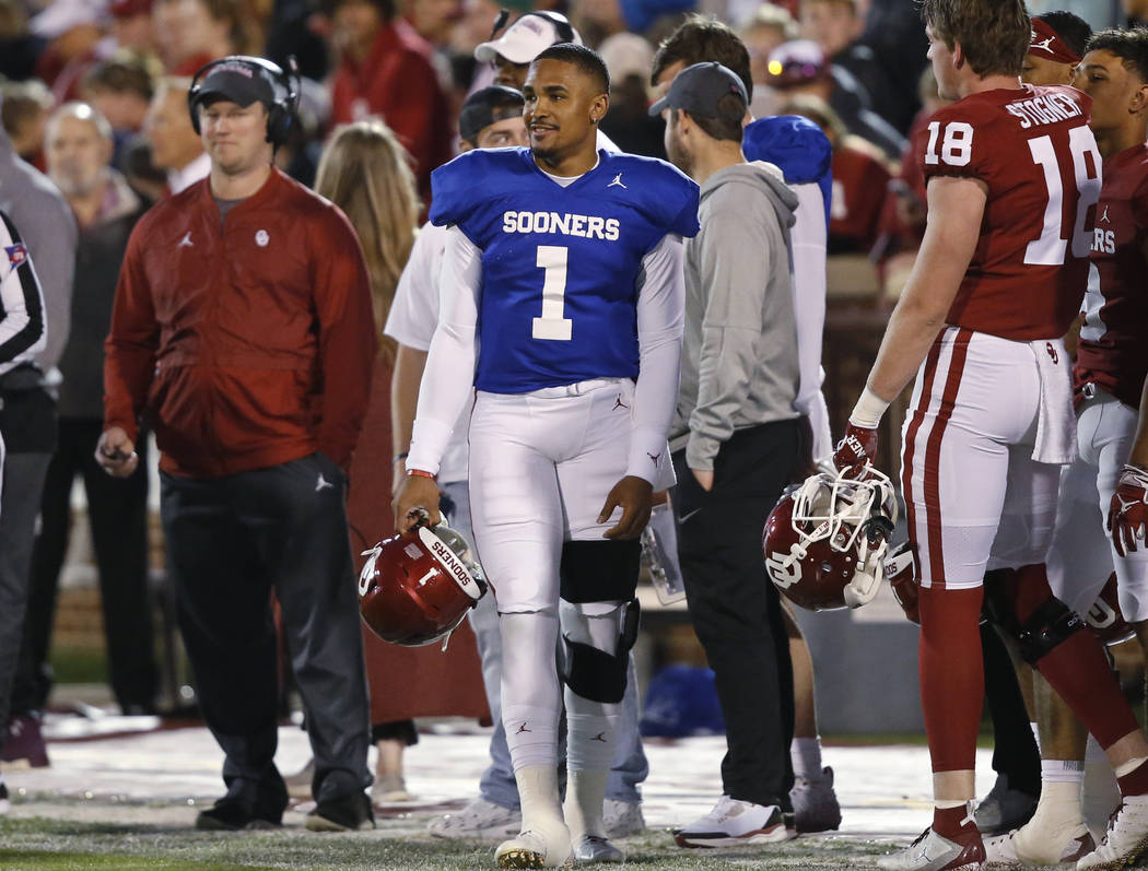 Oklahoma quarterback Jalen Hurts (1) stands on the sidelines during an NCAA college football in ...