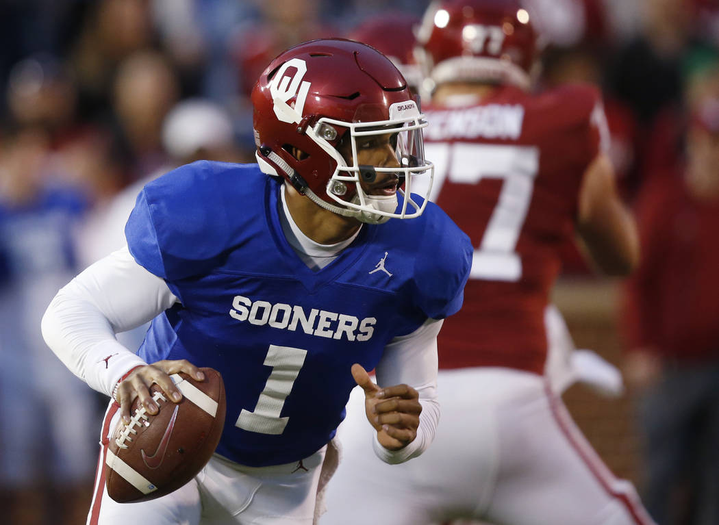 Oklahoma quarterback Jalen Hurts (1) during an NCAA college football intra-squad spring game in ...
