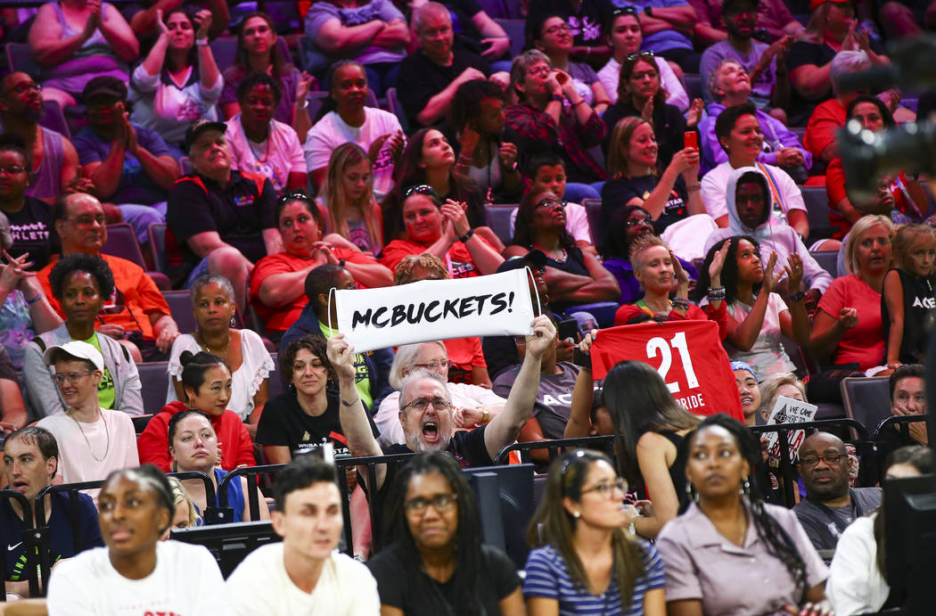 A fan of Las Vegas Aces' Kayla McBride holds up a sign in support of her during the WNBA All-St ...