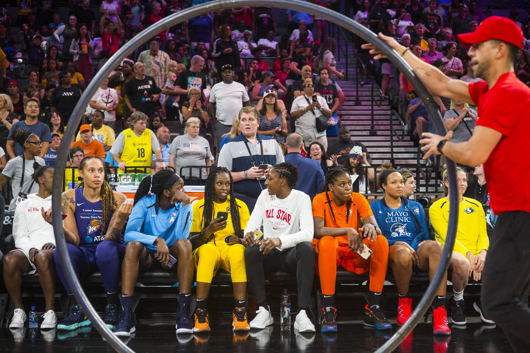 Players wait to compete in the WNBA All-Star skills challenges at the Mandalay Bay Events Cente ...