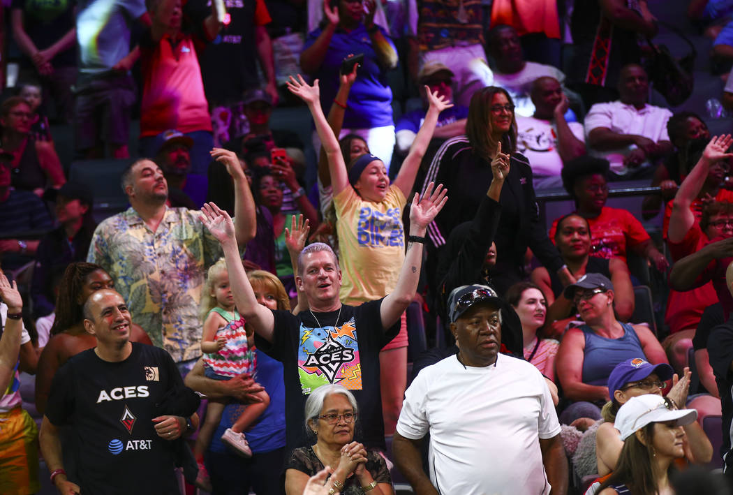Basketball fans cheer during the WNBA All-Star skills challenges at the Mandalay Bay Events Cen ...