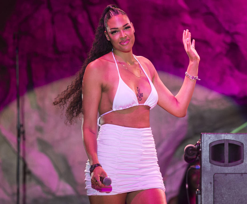 Las Vegas Aces center Liz Cambage briefly walks on stage at Mandalay Bay Beach on Friday, July ...