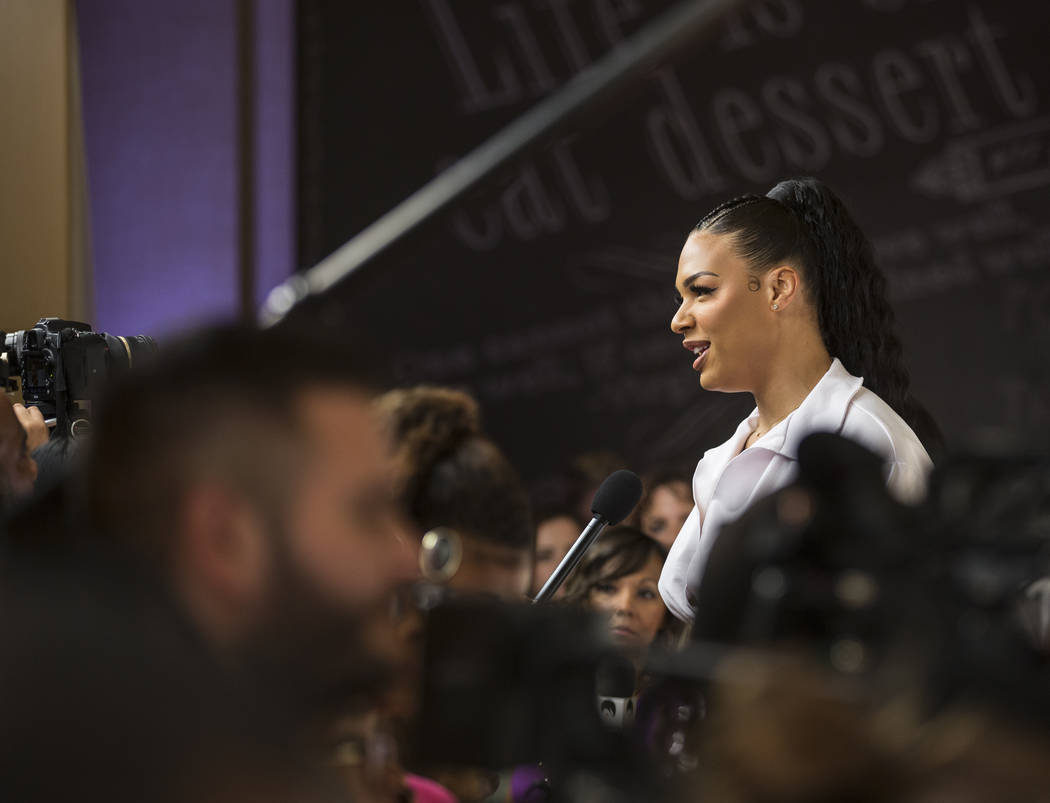 Las Vegas Aces center Liz Cambage talks to the media on the WNBA Orange Carpet outside Della's ...