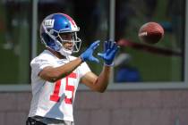 In a Tuesday, June 4, 2019 file photo, New York Giants' Golden Tate runs a drill during an NFL ...