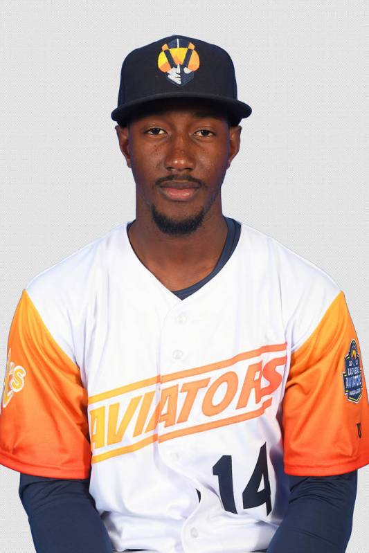 Las Vegas Aviators shortstop Jorge Mateo (14) pictured on media day at Las Vegas Ballpark on Ap ...