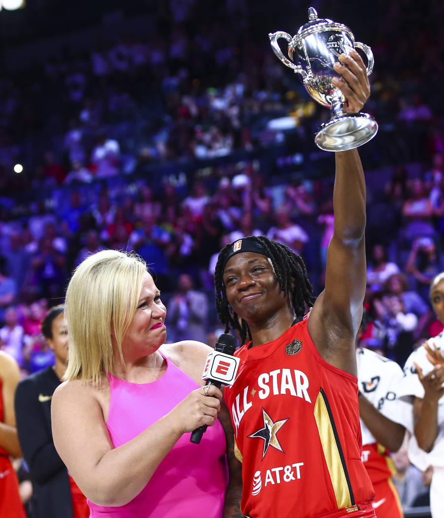 Indiana Fever's Erica Wheeler, right, reacts after being named MVP of the WNBA All-Star Game wh ...
